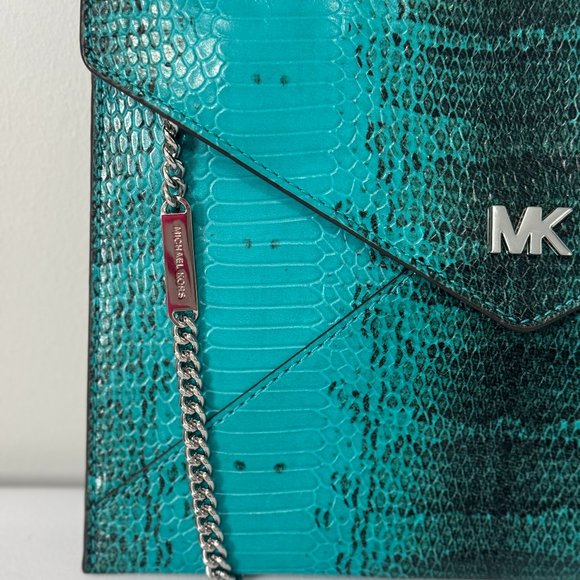 Michael Kors Clutch Barbara Embossed Snakeskin Envelope Clutch Teal NWOT - Picture 2 of 6